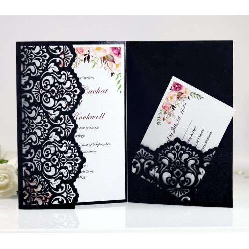 Beautiful Marriage Invitation Card Laser Cut Greeting Card Black Iridescent Paper